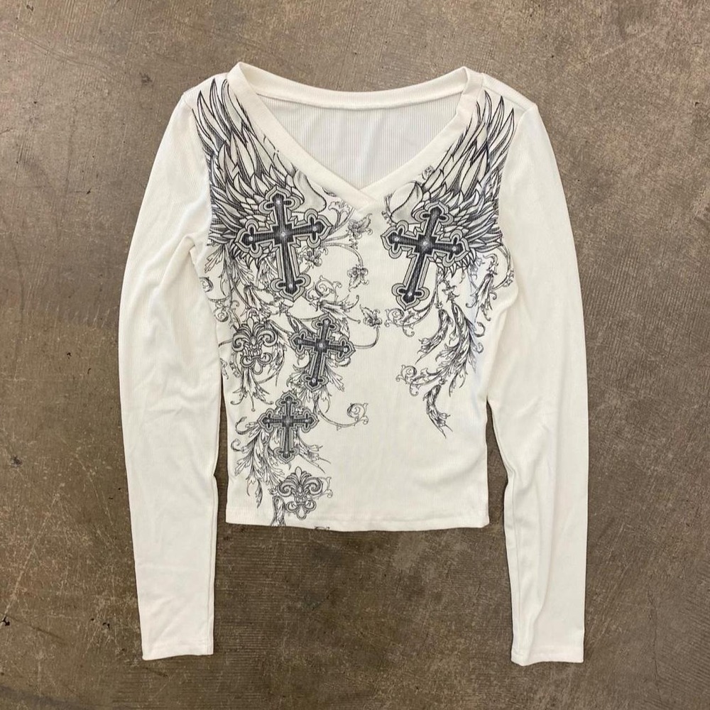 Vintage Y2K Womens Wings Crosses 2000s Skate Grunge V-Neck Longsleeve Size XS